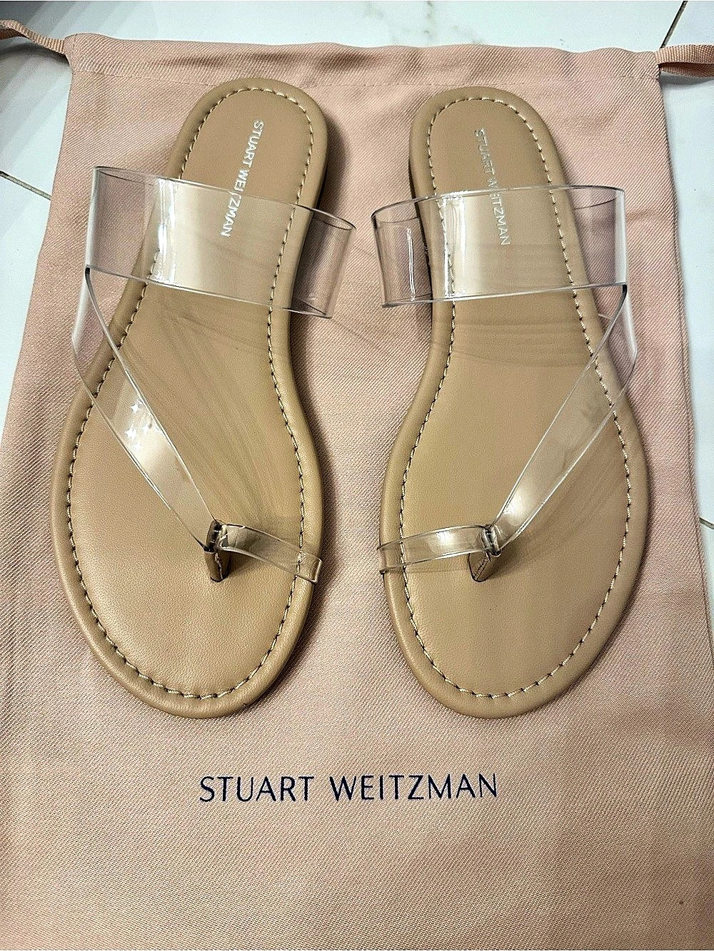 Stuart Weitzman Clear Strap Flat Sandals Tan US 8.5